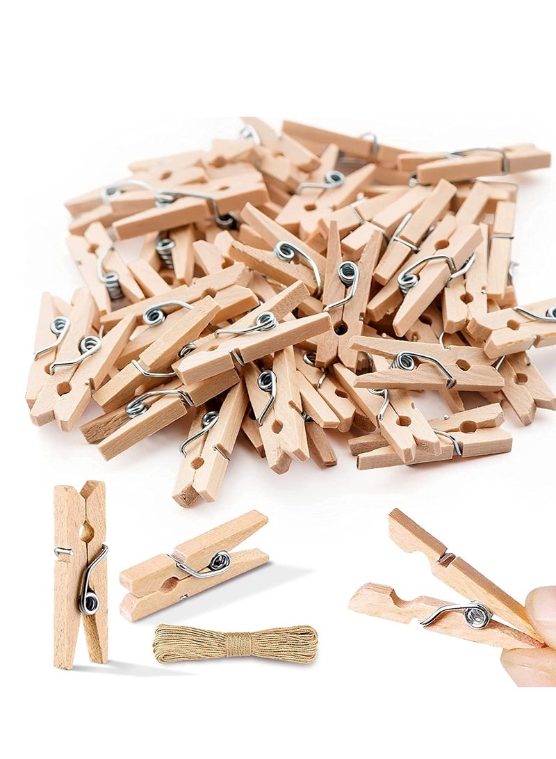 Zikra Mini Clothespins, Mini ClothesPins for Photo Natural Wooden Small Picture Clips for Crafts 1 Inch 300 PCS Tiny Pegs with Jute Twine String Decorative Wood Clips for Wall Hanging Pictures - Image 1