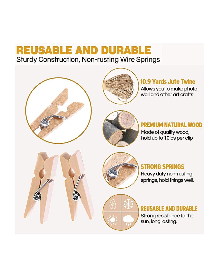 Zikra Mini Clothespins, Mini ClothesPins for Photo Natural Wooden Small Picture Clips for Crafts 1 Inch 300 PCS Tiny Pegs with Jute Twine String Decorative Wood Clips for Wall Hanging Pictures - Image 3