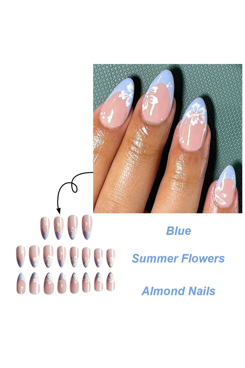 24 قطعة نصيحة فرنسية الصحافة على الأظافر الأظافر المزيفة المتوسطة نصائح الأظافر اللوز الأكريليك عصا الزهور البيضاء على الأظافر غطاء كامل مصطنع لامع الربيع الصيف الغراء على الأظافر للنساء الأظافر الأكريليك - Image 2