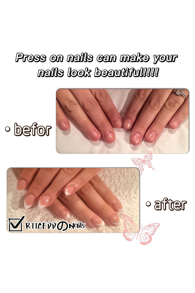 24 قطعة نصيحة فرنسية الصحافة على الأظافر الأظافر المزيفة المتوسطة نصائح الأظافر اللوز الأكريليك عصا الزهور البيضاء على الأظافر غطاء كامل مصطنع لامع الربيع الصيف الغراء على الأظافر للنساء الأظافر الأكريليك - Image 5