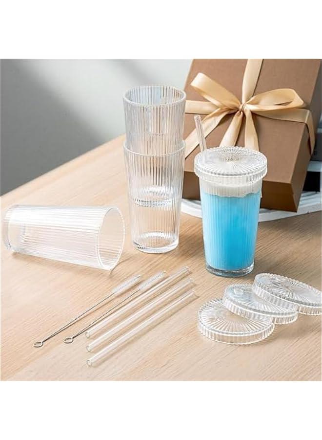 HOOKOR Glass Cups with Lids and Straws, 12 oz Iced Coffee Cup for Coffee Bar Accessories, Ribbed Glasses Drinking Set of 4, Glass Tumbler with Straw and Lid for Home Decor,New year Gifts for Women - Image 5