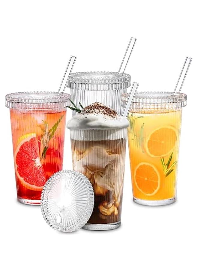 HOOKOR Glass Cups with Lids and Straws, 12 oz Iced Coffee Cup for Coffee Bar Accessories, Ribbed Glasses Drinking Set of 4, Glass Tumbler with Straw and Lid for Home Decor,New year Gifts for Women - Image 1