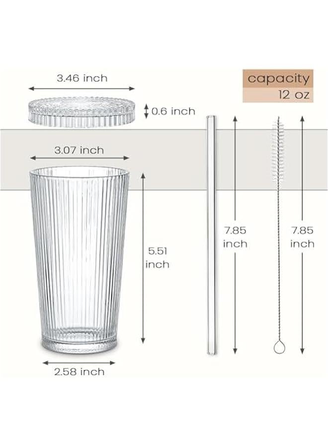 HOOKOR Glass Cups with Lids and Straws, 12 oz Iced Coffee Cup for Coffee Bar Accessories, Ribbed Glasses Drinking Set of 4, Glass Tumbler with Straw and Lid for Home Decor,New year Gifts for Women - Image 3