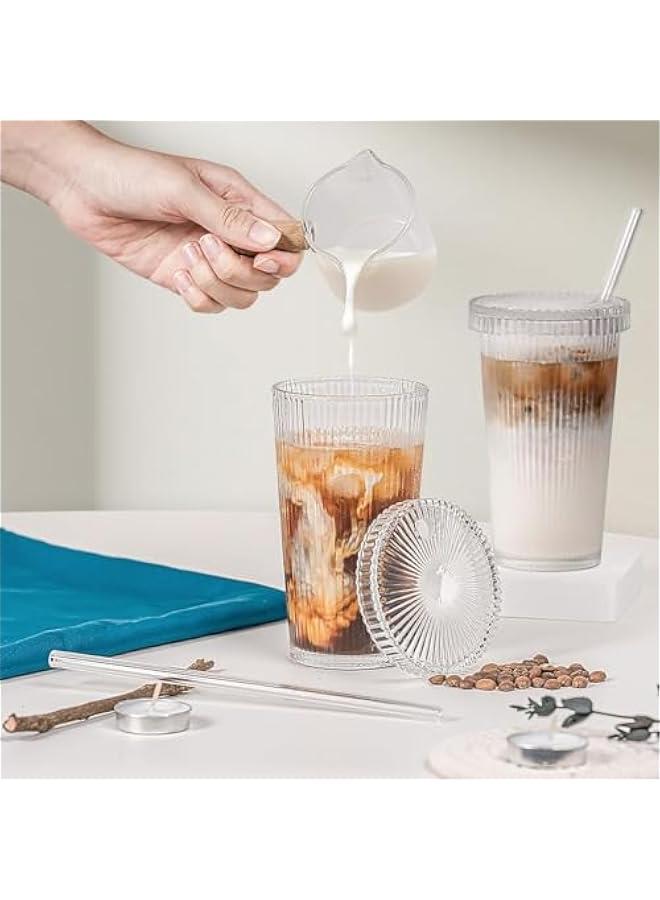 HOOKOR Glass Cups with Lids and Straws, 12 oz Iced Coffee Cup for Coffee Bar Accessories, Ribbed Glasses Drinking Set of 4, Glass Tumbler with Straw and Lid for Home Decor,New year Gifts for Women - Image 2