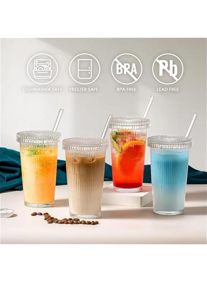 HOOKOR Glass Cups with Lids and Straws, 12 oz Iced Coffee Cup for Coffee Bar Accessories, Ribbed Glasses Drinking Set of 4, Glass Tumbler with Straw and Lid for Home Decor,New year Gifts for Women - Image 4