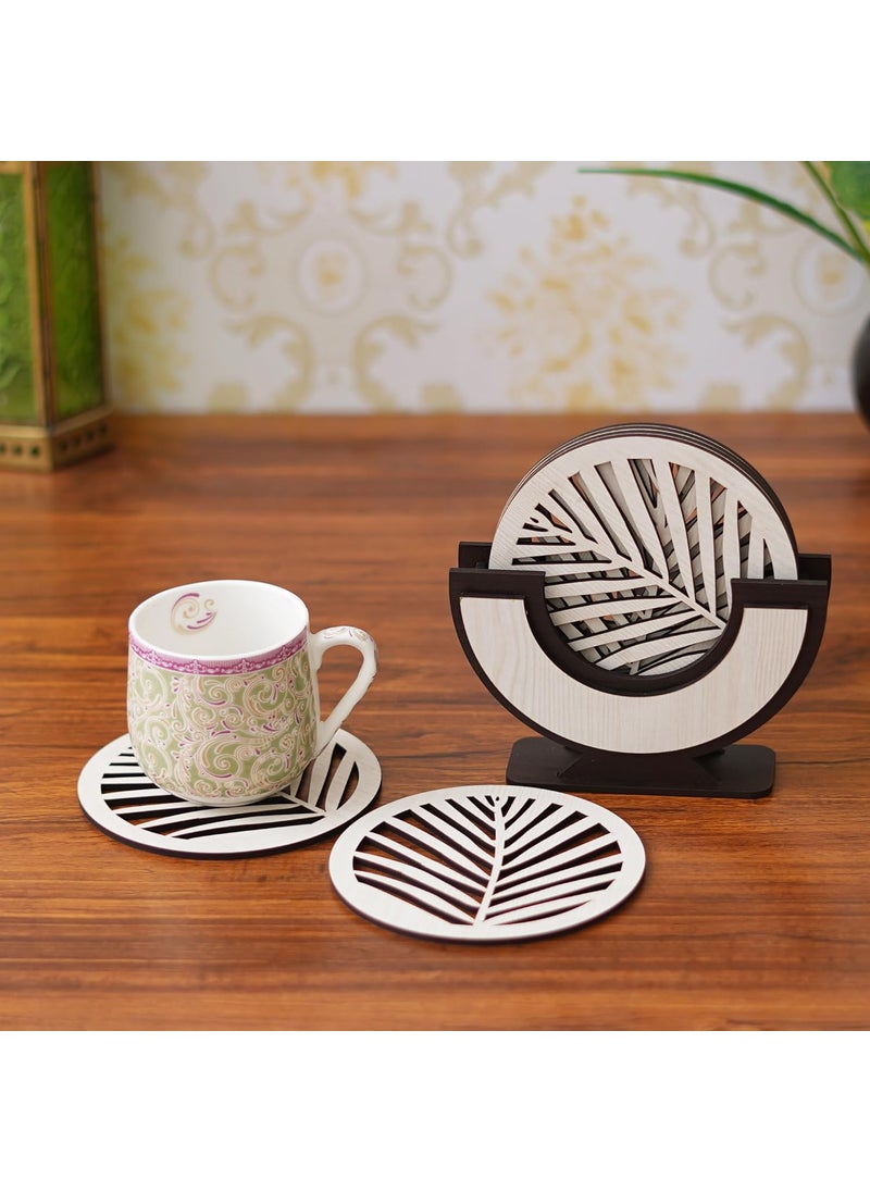 Webelkart Webelkart Premium Coaster Natural Printed Handmade Round Wooden Tea Coasters with Stand Tea/Coffee Coasters Wooden Tea Coasters (Designs-2)  - Image 1