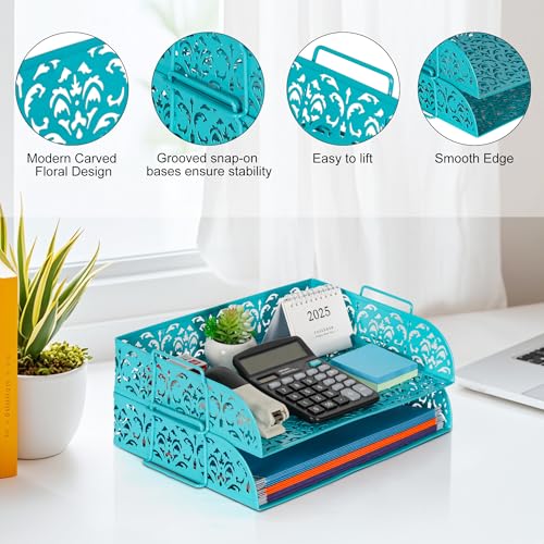 EasyPAG Paper Organizer for Desk 2 Tier Stackable Paper Tray for A4 Legal Size Folders Metal File Storage Desktop Organizer for Home Office School Teacher, Dark Teal - Image 3