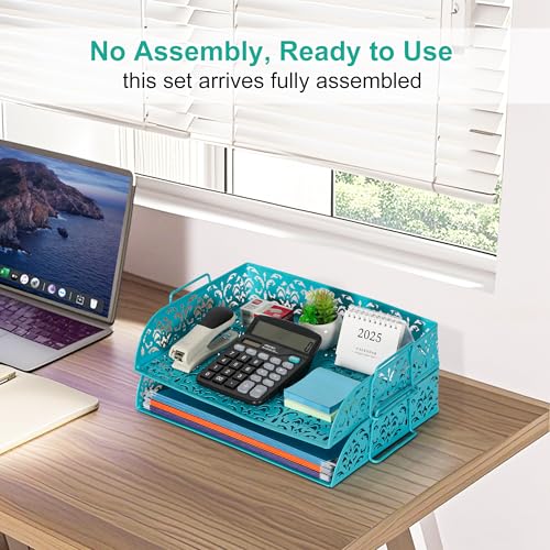 EasyPAG Paper Organizer for Desk 2 Tier Stackable Paper Tray for A4 Legal Size Folders Metal File Storage Desktop Organizer for Home Office School Teacher, Dark Teal - Image 2