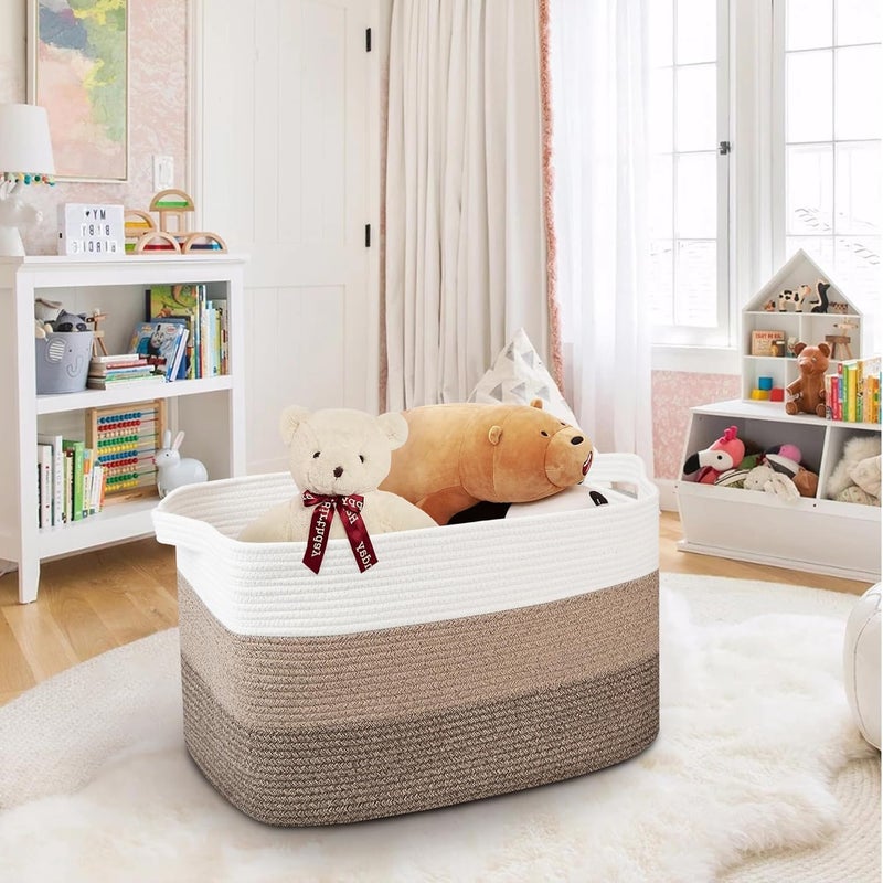 Tazweeq Extra Large Storage Basket, 55x43x30.5cm Woven Cotton Rope Organizer with Handles, Toy/Living Room Decor (Brown Three-color Combination, Machine Washable) - Image 5