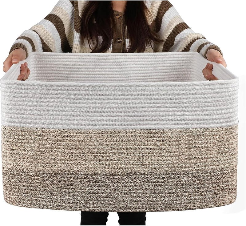 Tazweeq Extra Large Storage Basket, 55x43x30.5cm Woven Cotton Rope Organizer with Handles, Toy/Living Room Decor (Brown Three-color Combination, Machine Washable) - Image 1