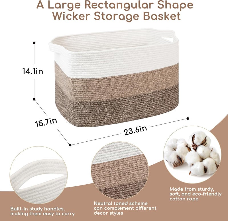 Tazweeq Extra Large Storage Basket, 55x43x30.5cm Woven Cotton Rope Organizer with Handles, Toy/Living Room Decor (Brown Three-color Combination, Machine Washable) - Image 2