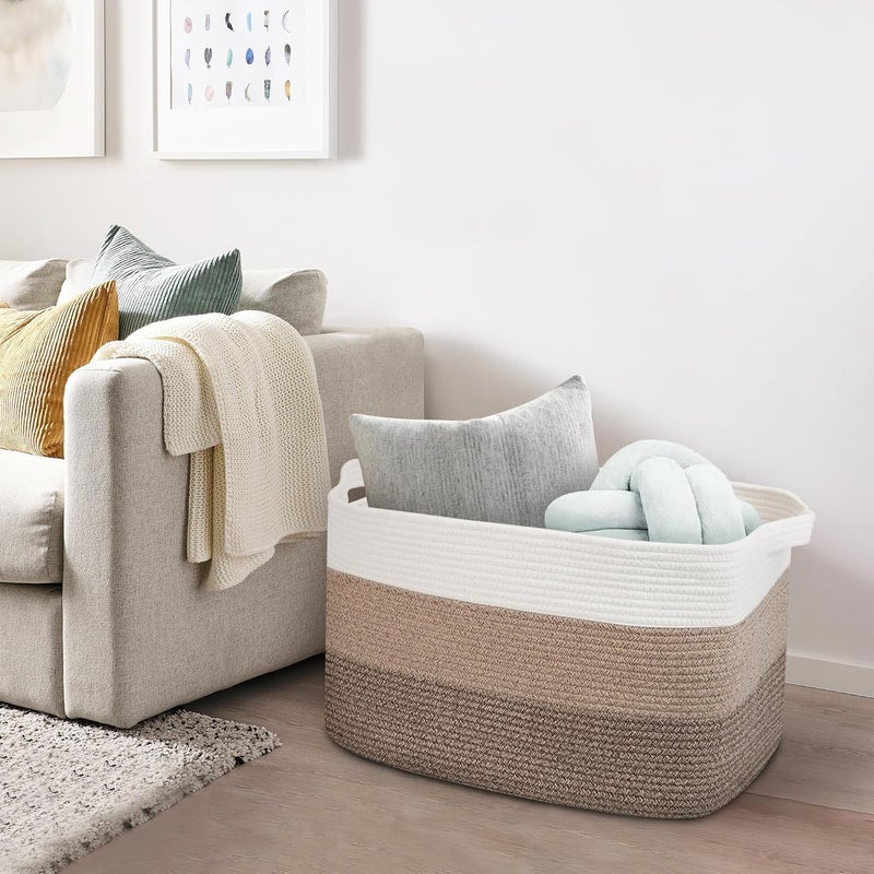 Tazweeq Extra Large Storage Basket, 55x43x30.5cm Woven Cotton Rope Organizer with Handles, Toy/Living Room Decor (Brown Three-color Combination, Machine Washable) - Image 4