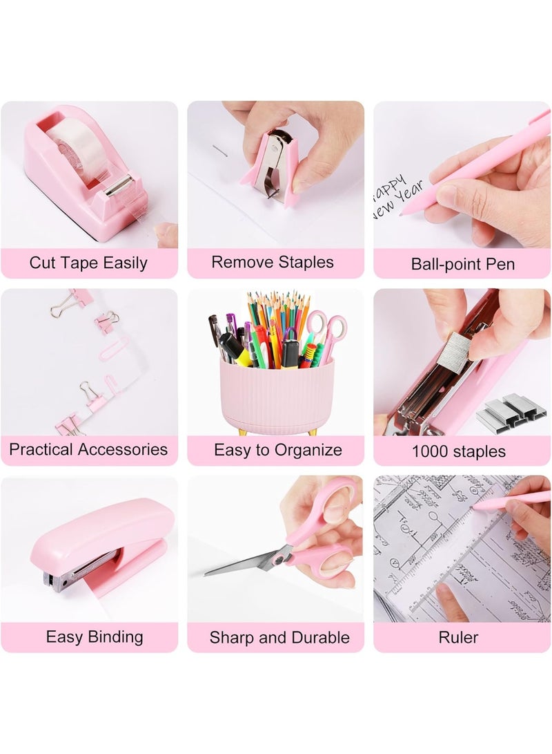 Office Stationery Set Desk Organizers and Accessories 10Pcs Set with 360-Degree Rotating Pen Holder, Tape Dispenser, Stapler, Staple Remover,  Staples, Tape, Clips Set, Ruler, Scissor, Pen - Image 2