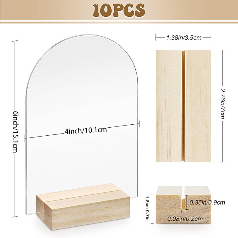 Bercoor 10 Pack 4x6 Inch Blank Clear Arch Acrylic Sign with Wooden Stands, Arched Round Top Acrylic Sheet, DIY Acrylic Arch Table Numbers for DIY Name Card Gifts Event Party Sign Decoration - Image 2