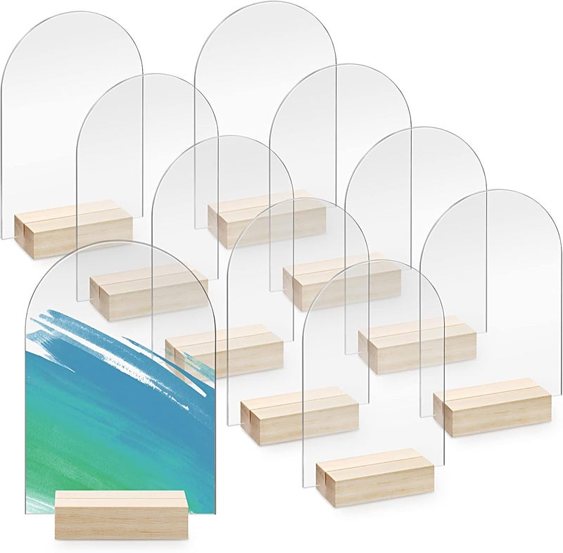 Bercoor 10 Pack 4x6 Inch Blank Clear Arch Acrylic Sign with Wooden Stands, Arched Round Top Acrylic Sheet, DIY Acrylic Arch Table Numbers for DIY Name Card Gifts Event Party Sign Decoration - Image 1