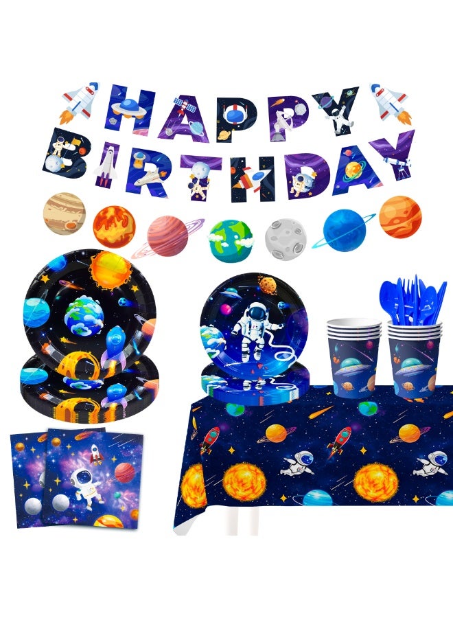 FRUITFUL PARTY Space Theme Disposable Tableware for 24 Guests, 177pcs Outer Space Birthday Party Decorations Space Party Plates Napkins Tablecloth Banner Garland - Image 1