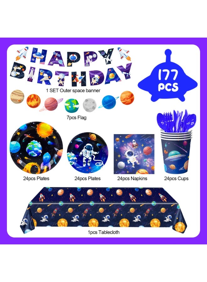 FRUITFUL PARTY Space Theme Disposable Tableware for 24 Guests, 177pcs Outer Space Birthday Party Decorations Space Party Plates Napkins Tablecloth Banner Garland - Image 2