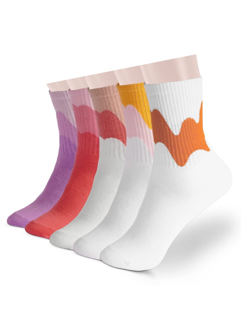 Excefore Women Cotton Socks, 5 Pair Women's Funny Novelty Casual Combed Cotton Socks, Crew Socks Casual Cotton Socks Novel Cute Fun Girl Quarter Dress Sock (Yellow / Red / Purple) - Image 1