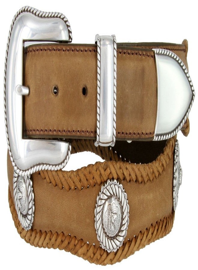 بيلتس.كوم حزام رجالي من الجلد بتصميم رعاة البقر الغربي، مزين برأس حصان وحواف مزخرفة، عرضه 1.5 بوصة - Image 1
