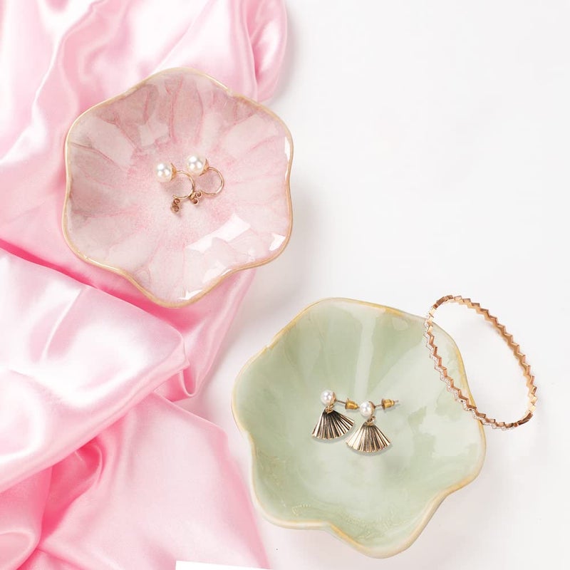Binoster Ceramic jewelry dish,leaf tray key tray,small ring dish holder Plate trinket catchall nightstand decor for entryway table room Green - Image 2