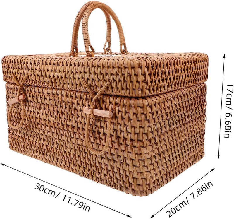 Ciieeo Handwoven Rattan Storage Box with Lid and Handle 30x20x17cm for Outdoor Picnic and Household Snack Organization - Image 2
