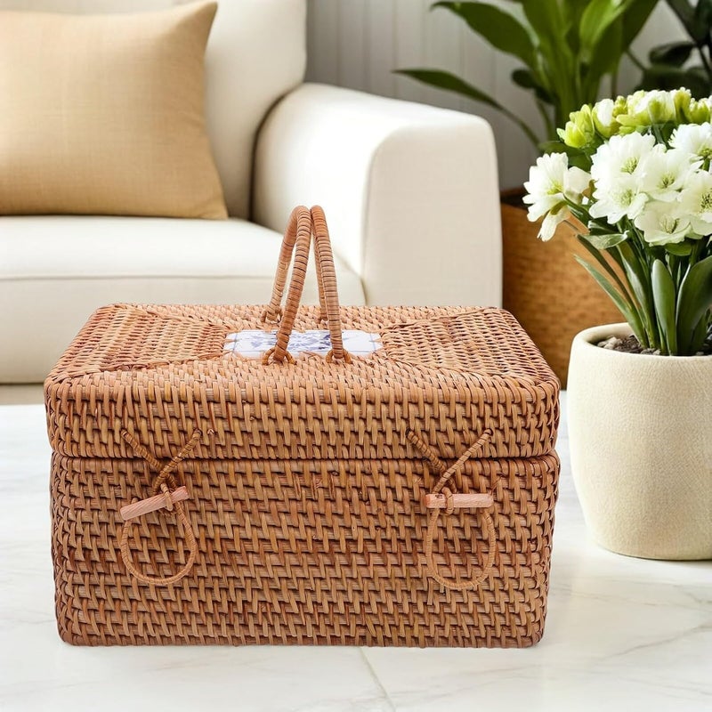 Ciieeo Handwoven Rattan Storage Box with Lid and Handle 30x20x17cm for Outdoor Picnic and Household Snack Organization - Image 5