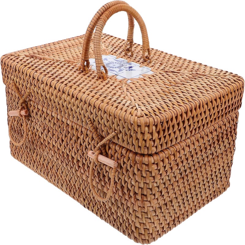 Ciieeo Handwoven Rattan Storage Box with Lid and Handle 30x20x17cm for Outdoor Picnic and Household Snack Organization - Image 1