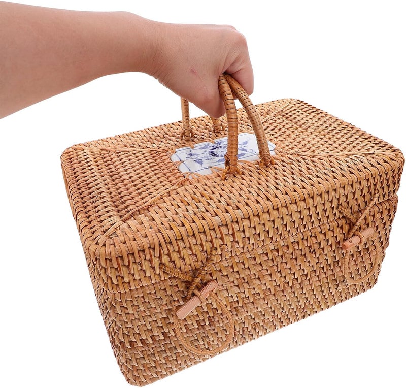 Ciieeo Handwoven Rattan Storage Box with Lid and Handle 30x20x17cm for Outdoor Picnic and Household Snack Organization - Image 4