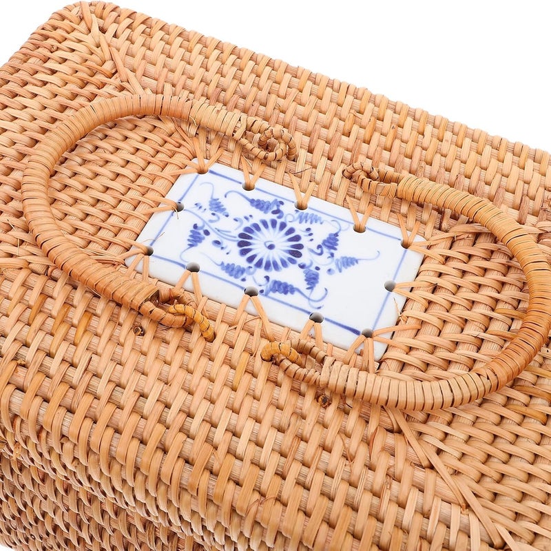 Ciieeo Handwoven Rattan Storage Box with Lid and Handle 30x20x17cm for Outdoor Picnic and Household Snack Organization - Image 3