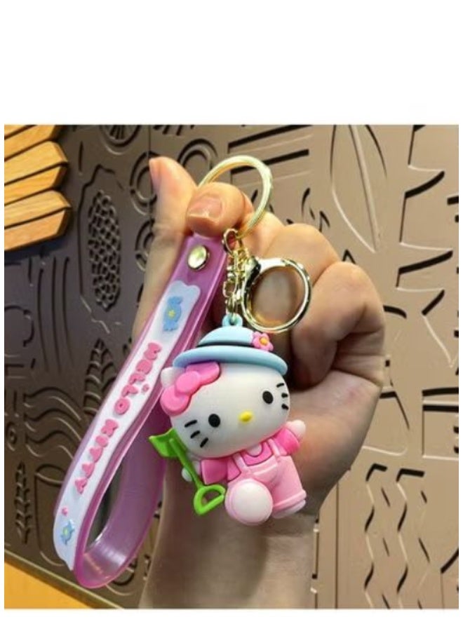Hello Kitty Gardening-Themed Hello Kitty 3D Keychain (Pink Outfit Character Design with Purple Wrist Strap)