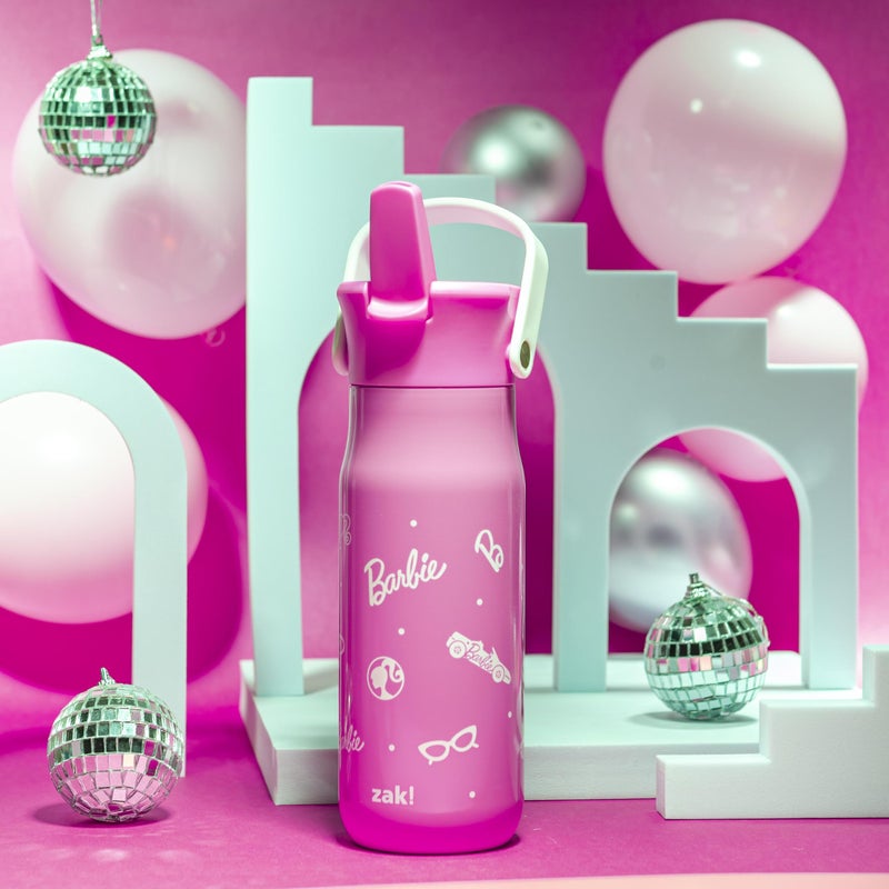 Zak Designs Barbie Harmony Water Bottle for Travel or At Home, 20oz Stainless Steel is Leak-Proof When Closed and Vacuum Insulated with Straw Lid and Carry Handle (Pink) - Image 3