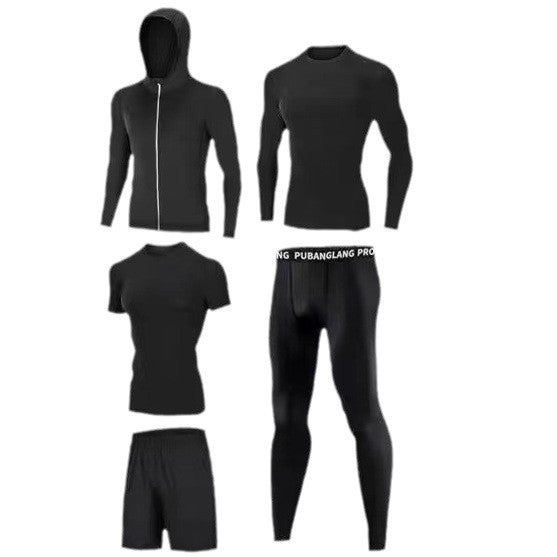 Generic Mens Spring Sports Suit Quick-Dry Fitness Gear All black elite 5-piece set