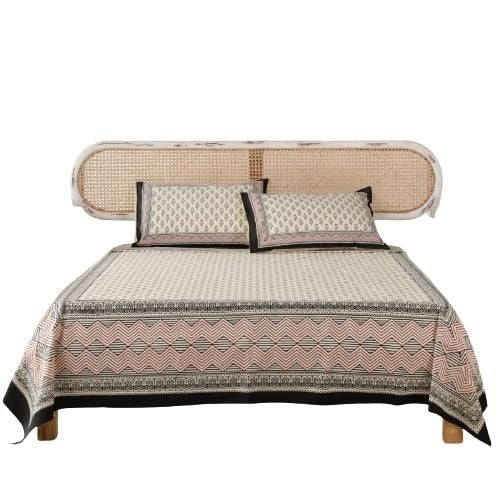 Peepul Tree Pure Cotton Hand-Block Printed Jaipuri Double Bedsheet Set with 2 Pillow Covers | Queen Size | Hand Printed Geometric Design (Beige, Maroon & Black, Queen) - Image 1
