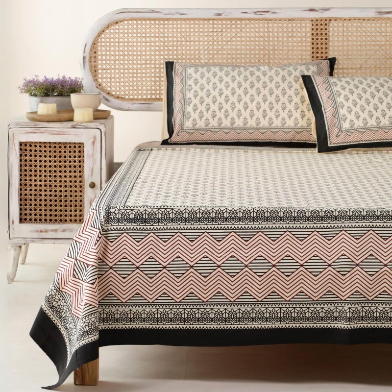 Peepul Tree Pure Cotton Hand-Block Printed Jaipuri Double Bedsheet Set with 2 Pillow Covers | Queen Size | Hand Printed Geometric Design (Beige, Maroon & Black, Queen) - Image 2