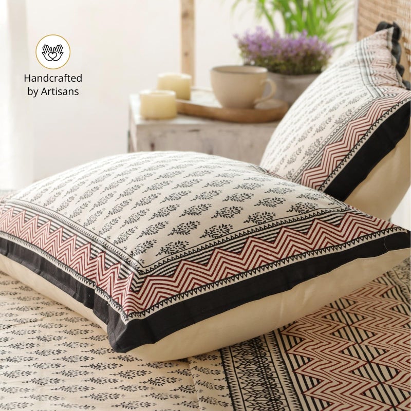 Peepul Tree Pure Cotton Hand-Block Printed Jaipuri Double Bedsheet Set with 2 Pillow Covers | Queen Size | Hand Printed Geometric Design (Beige, Maroon & Black, Queen) - Image 5