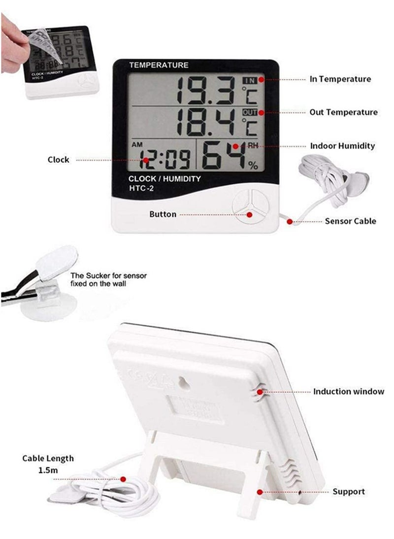 Generic - HTC-2 Digital Thermometer Hygrometer Indoor Temperature and Humidity Monitor with LCD Display Weather Station Clock for Home Room Office Accurate Electronic Temperature Humidity Gauge - Image 1