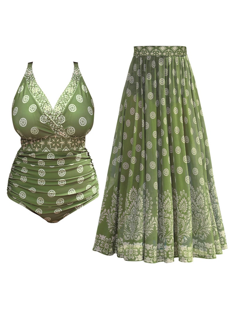 SCOMCHIC Womens Plus Size One Piece Swimsuit Tummy Control Bathing Suit Floral Prints Curvy Mesh Swim Skirt - Image 1