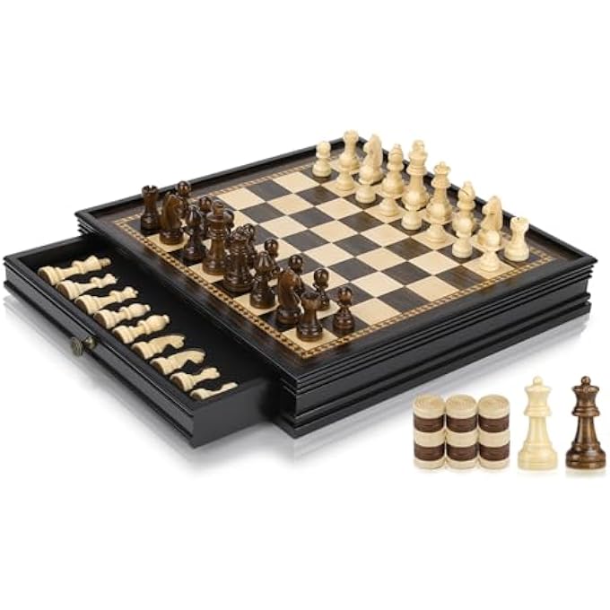 Peradix Magnetic Chess Checkers Board Sets with 2 Builtin Storage Drawers128 Classic 2 in 1 Wooden Games with 2 Extra Queens for Kids and AdultsTravel Portable Chess Game Set - Image 2