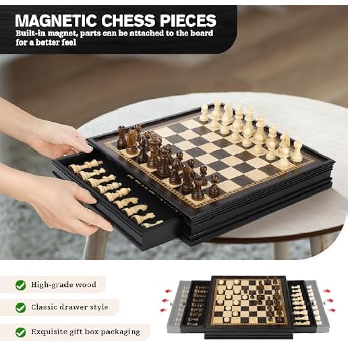 Peradix Magnetic Chess Checkers Board Sets with 2 Builtin Storage Drawers128 Classic 2 in 1 Wooden Games with 2 Extra Queens for Kids and AdultsTravel Portable Chess Game Set - Image 5