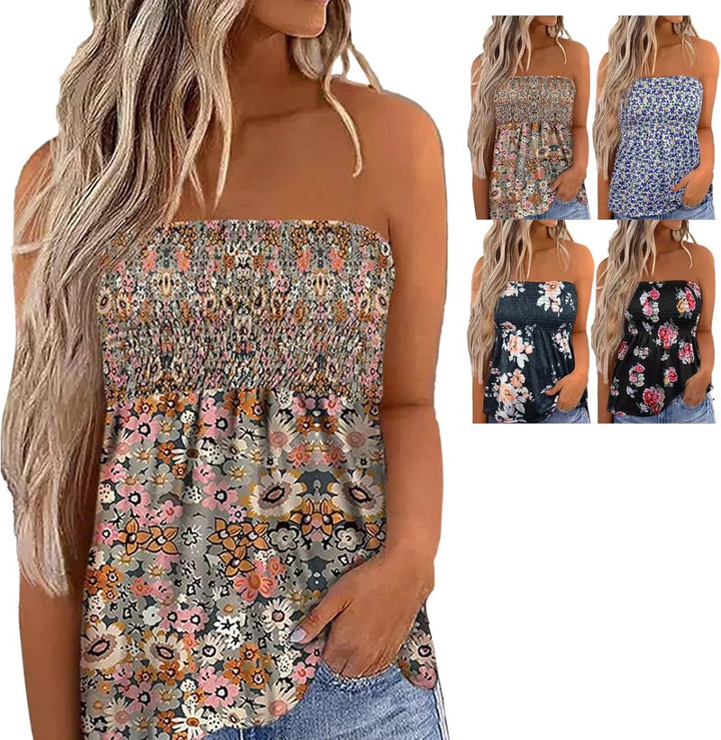 klarako Sleeveless Tube Top Women Floral Print Sexy Strapless Bandeau Smocked Pleated Slim Fit Tunic Tanks Top Blouse Shirt - Image 5