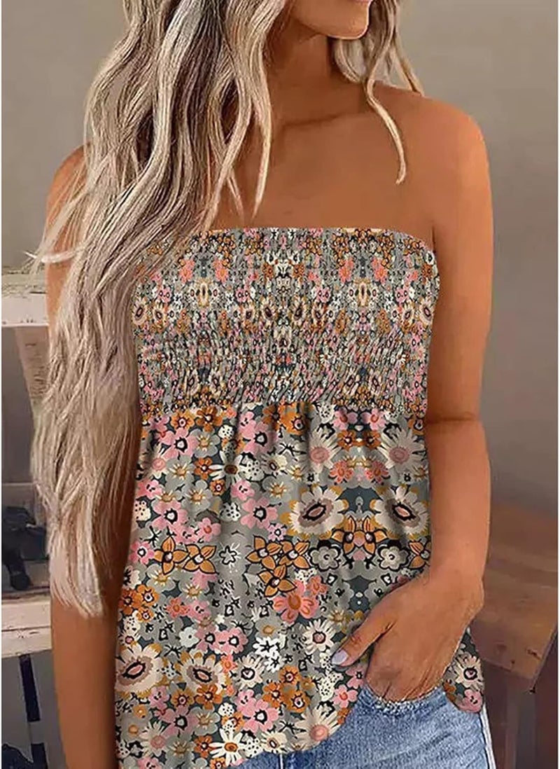 klarako Sleeveless Tube Top Women Floral Print Sexy Strapless Bandeau Smocked Pleated Slim Fit Tunic Tanks Top Blouse Shirt - Image 4