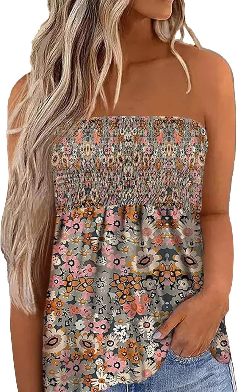 klarako Sleeveless Tube Top Women Floral Print Sexy Strapless Bandeau Smocked Pleated Slim Fit Tunic Tanks Top Blouse Shirt - Image 2