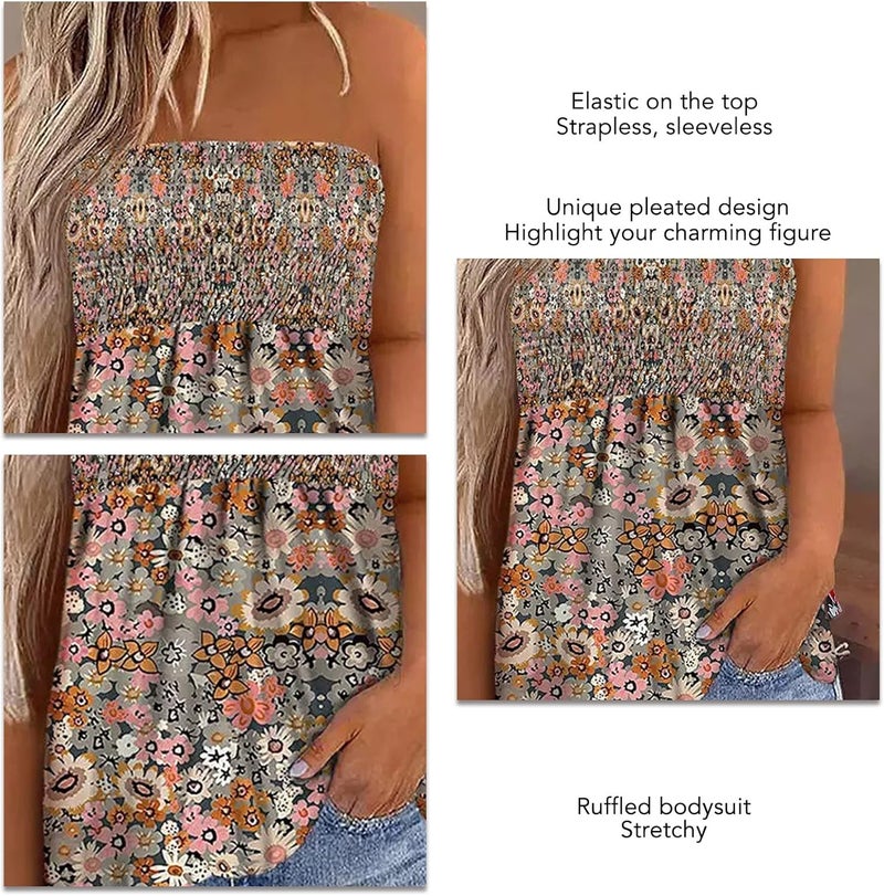 klarako Sleeveless Tube Top Women Floral Print Sexy Strapless Bandeau Smocked Pleated Slim Fit Tunic Tanks Top Blouse Shirt - Image 3