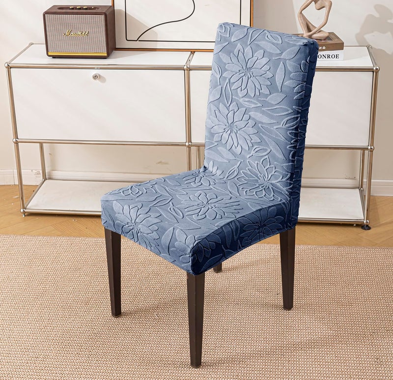 House of Quirk Stretchy Universal Camellia Jacquard Waterproof Chair Cover Removable & Washable Short Dining Chair Cover Protector Seat Slipcover (Dark Blue,Pack of 1) - Image 2