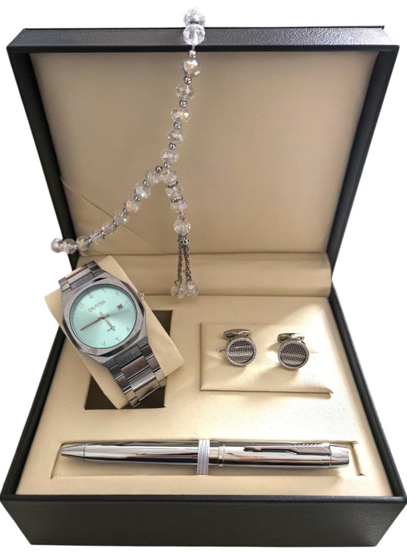 كريتر  طقم رجالي فاخر يتكون من ساعة تصميم ملكي من الستانلس ستيل، مينا كلاسيكي مع عرض التاريخ مقاومة للماء وسبحة وقلم وازرار اكمام - Image 1