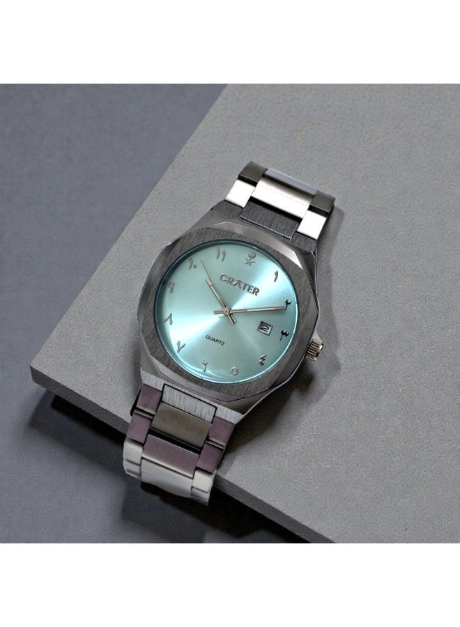 كريتر  طقم رجالي فاخر يتكون من ساعة تصميم ملكي من الستانلس ستيل، مينا كلاسيكي مع عرض التاريخ مقاومة للماء وسبحة وقلم وازرار اكمام - Image 2