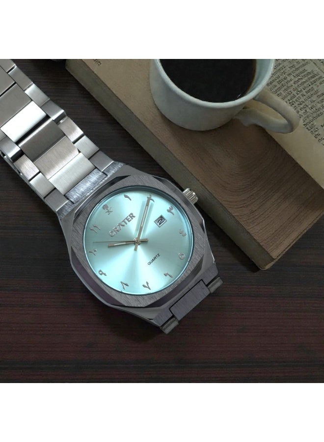 كريتر  طقم رجالي فاخر يتكون من ساعة تصميم ملكي من الستانلس ستيل، مينا كلاسيكي مع عرض التاريخ مقاومة للماء وسبحة وقلم وازرار اكمام - Image 3