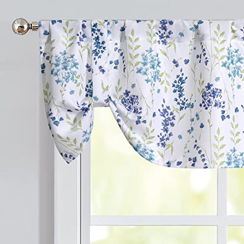 ZJDECOR Blue Colorful Floral Tie Up Kitchen Curtain Valance Botanical Flower Leaves Print Farmhouse Rod Pocket Small Curtains for Kitchen Cafe Bathroom Window Treatment 56 x 15 Watercolor 1 Panel - Image 1