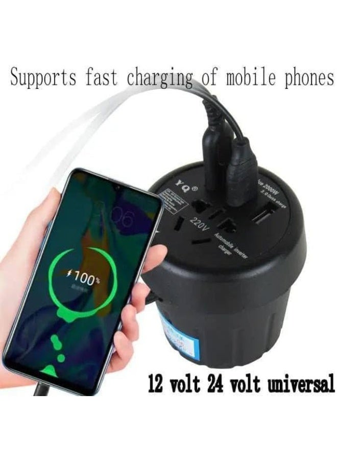 Car Power Inverter - 12V/24V to 220V AC Car Charger, 2000W Cup Holder Design with 3 USB Ports and Fast AC Outlet for Charging Laptops, Mobile Devices, and Cameras While Traveling - Image 3