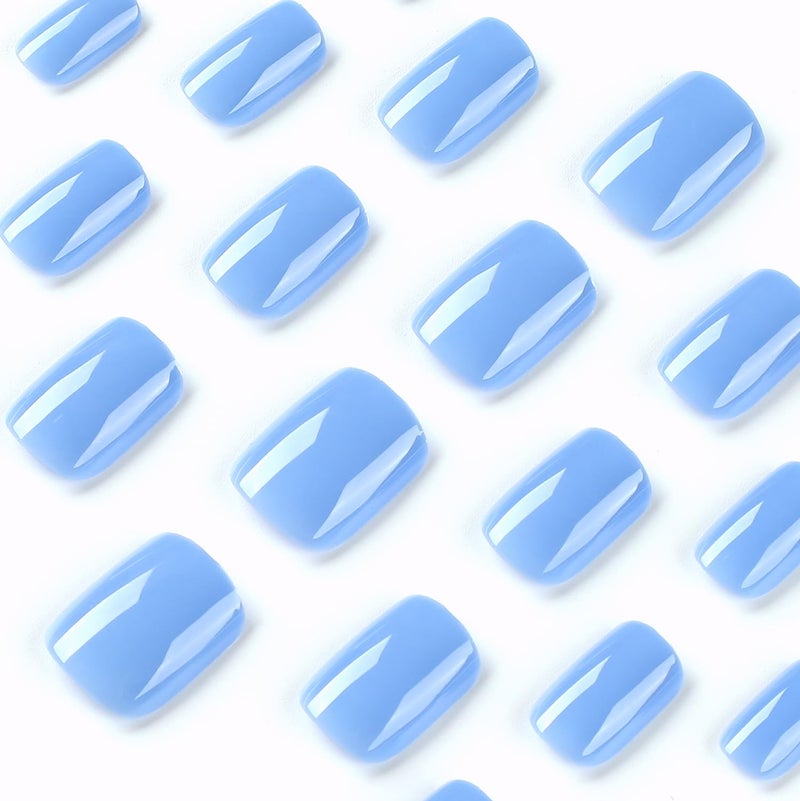 HJKDSFD Lake Blue Press on Nails Short Square Fake Nails with Nail Glue Cute Pure Color False Nails with Artificial Glossy Designs Acrylic Extra Short Full Cover Stick on Nail for Women 24Pcs - Image 3